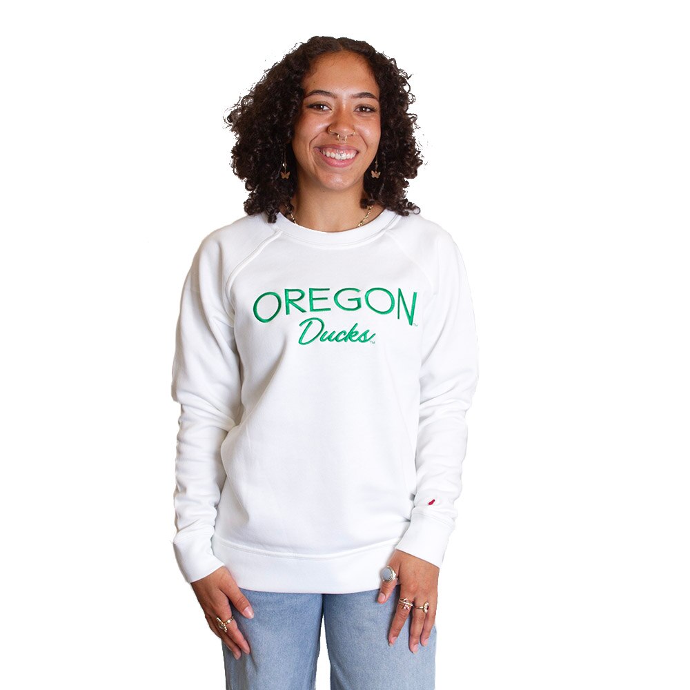 Oregon Ducks, League, White, Pullover, Cotton Blend, Women, Embroidered, Academy, Crew neck, Sweatshirt, 813945